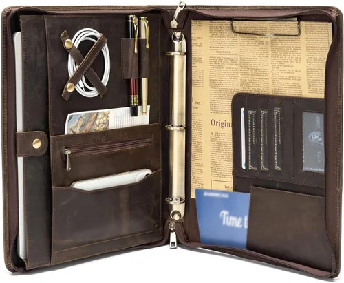 Vista 12 de YIWEN Portafolio de cuero genuino hecho a mano, portafolio con cremallera y carpeta de 3 anillos, organizador profesional de negocios, carpeta