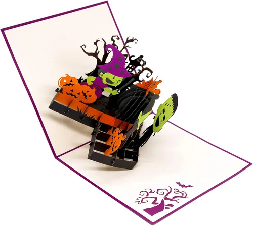Vista 4 de PopLife Tarjeta desplegable 3D de caldero de Halloween, recuerdo de fiesta de truco o trato, caldero de bruja espeluznante y calabazas, sorpresa