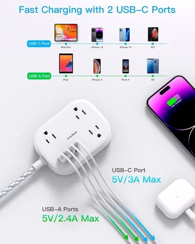 Vista 5 de Cruise Essentials 2026, regleta de alimentación de viaje con USB C, cable de extensión de enchufe plano de 1 pie con 3 tomas, 4 puertos USB