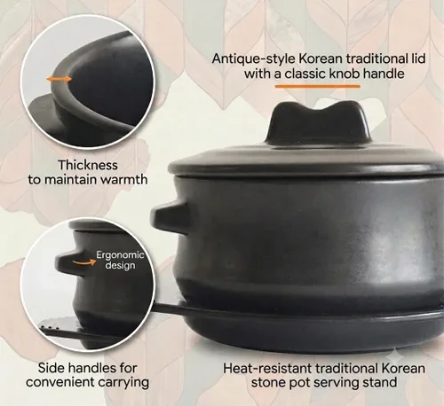 Vista 3 de Tazón de piedra coreana prémium con tapa y bandeja, olla caliente Dolsot de 37 onzas para bibimbap y sopa, utensilios de cocina de cerámica