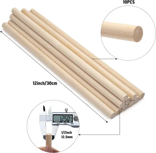 Vista 2 de Varillas de Clavija de Madera Tacos de Madera, 10 Piezas 1/2 x 12 pulgadas Varillas Redondas de Madera para Manualidades, Tacos de Macramé, Palos
