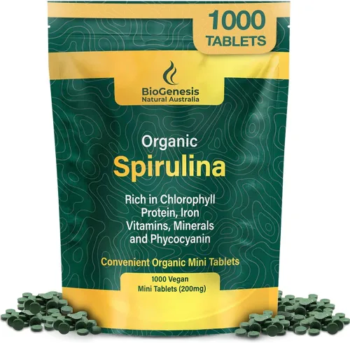 Vista 9 de Biogenesis Mini tabletas de espirulina orgánica, 300 unidades (200 mg) Algas azul-verdes cultivadas en Australia Ricas en ficocianina, clorofila