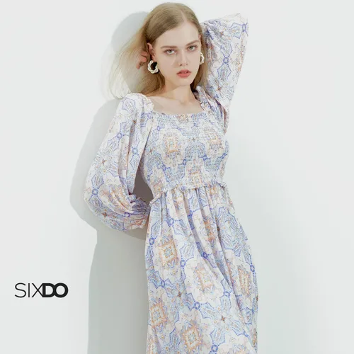 Vista 2 de Womens 2025 Midi Dresses Smocked Long Sleeve Floral Elastic Cuffs Square Neck Casual Beach Work Office Wear