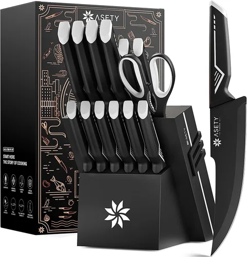 Vista 13 de Juego de cuchillos de cocina con bloque - Juego de 15 cuchillos con afilador incorporado, apto para lavavajillas, cuchillos de cocina de acero