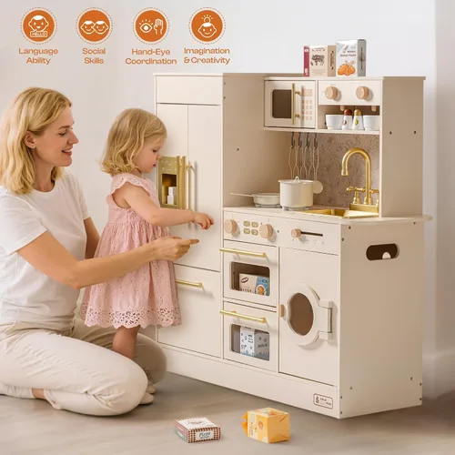 Vista 9 de ROBUD Juego de cocina de madera, juego de cocina para niños, juego de cocina de juguete con 17 accesorios realistas, regalo ideal para niños y niños