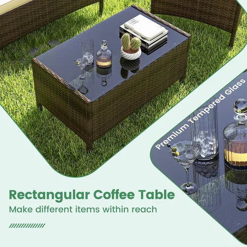 Vista 6 de RELAX4LIFE Juego de muebles de patio de 4 piezas – Juego de muebles de ratán para conversación al aire libre con cojines, mesa de centro de cristal