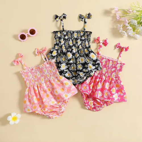 Vista 5 de Ropa para bebé recién nacida, estilo bohemio, floral, sin mangas, con lazo, con volantes y diadema
