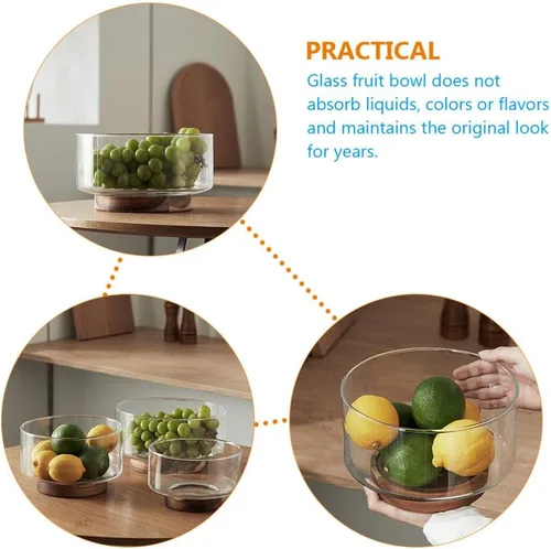 Vista 9 de Ipetboom Decoración del hogar, cuenco de frutas de vidrio con base de madera, cuenco de ensalada de cocina, tazón de mezcla de salsa, plato