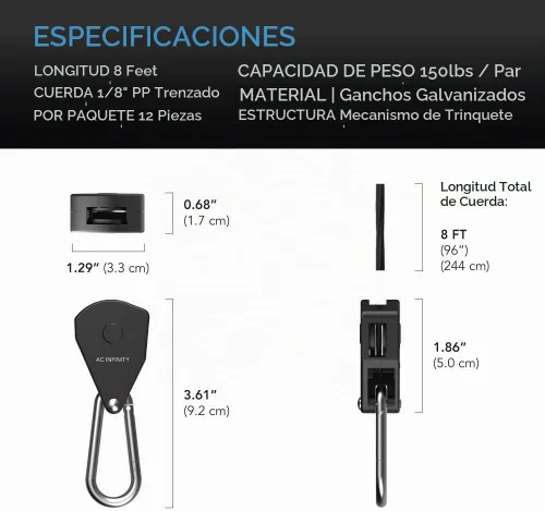 Vista 4 de AC Infinity, Gancho ajustable de cuerda de 1/8", engranajes de acero inoxidable resistentes, capacidad de peso de 150 libras, 6 pares