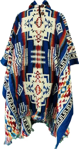 Vista 2 de Los ponchos de alpaca para adultos, hombres o mujeres son ponchos hechos a mano por artesanos nativos que hacen el poncho más suave., Azul Mar