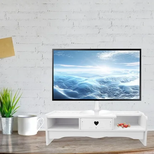 Vista 3 de Elevador de monitor de computadora de estilo con cajón de almacenamiento, soporte elevado compacto para escritorio de oficina, estante de tableta