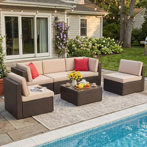 Vista 2 de Vongrasig Juego de 6 muebles de patio pequeños, sofá modular de mimbre de polietileno para todo tipo de clima, sofá seccional para exteriores