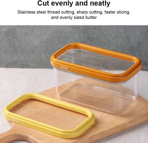 Vista 6 de Caja cortadora de mantequilla, plato de mantequilla de plástico con tapa, cortador de mantequilla de acero inoxidable, recipiente rectangular