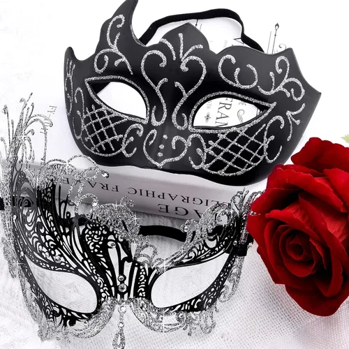 Vista 4 de SIQUK Máscaras de máscaras de metal veneciano para parejas, máscara de disfraz de Halloween, máscara de Mardi Gras para parejas, mujeres y hombres