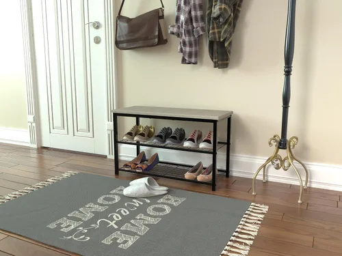 Vista 2 de Zapatero de 3 niveles para entrada, organizador de almacenamiento con dos estantes de hierro y parte superior para tabla, estante para zapatos
