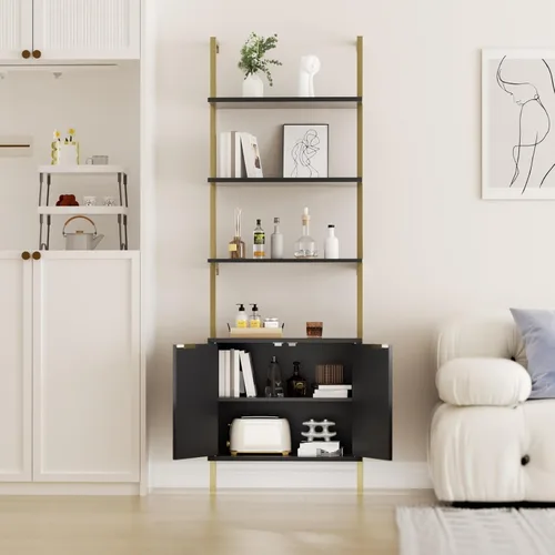 Vista 7 de Estantería de escalera con gabinete, estantería de pared de 71 pulgadas de alto con estantes y almacenamiento, estante de escalera estriado