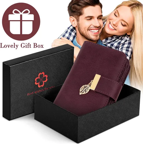 Vista 7 de Cartera pequeña con bloqueo RFID para mujer, de cuero, compacta, plegable, con 18 ranuras para tarjetas, con bolsillo para monedas, rojo (Red Wall)