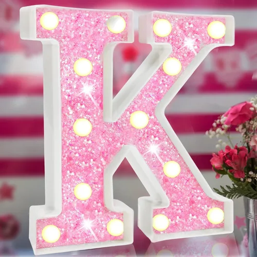 Vista 22 de Letras rosas iluminadas con purpurina, letras del alfabeto rosas, letreros de luces LED en marquesina rosas con batería para iluminación nocturna