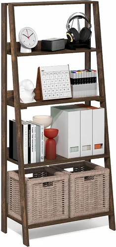Vista 9 de Furinno Estantería para libros de 4 niveles, estante de escalera de marco abierto, pino ámbar Estantería de almacenamiento de pie de 10.9 x 23.6 x
