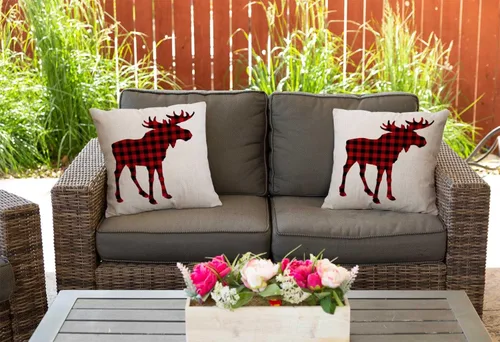 Vista 5 de Nphuriy Funda de almohada decorativa Animal Moose Red and Black Chess Plaid Scottish Buffalo de algodón y lino, funda de cojín cuadrada para sofá