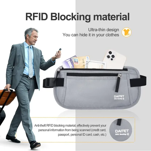 Vista 15 de DAITET Cinturón de dinero, soporte para pasaporte, cartera de viaje oculta segura con bloqueo RFID, riñonera encubierta (negro), Negro, Rfid