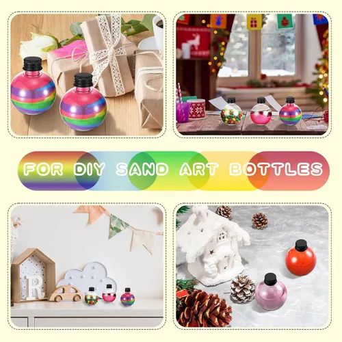 Vista 6 de Layhit 24 botellas esféricas de plástico con forma de bola, botellas redondas de 3.4 onzas, tarro de arena con 5 embudos decorativos, tarro de Negro
