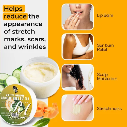 Vista 5 de RA COSMETICS Manteca de karité batida, pepino-melón, 6 onzas, manteca de karité africana 100% pura y natural para hombres y mujeres, hidratante