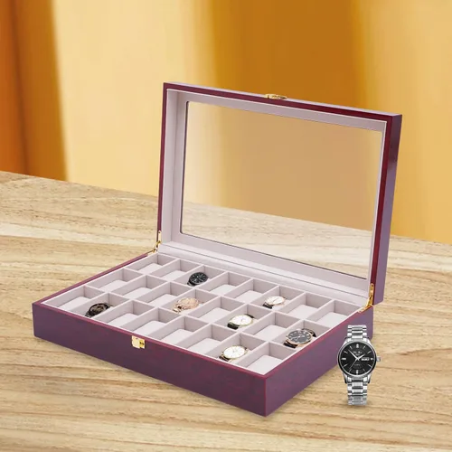 Vista 5 de Gdrasuya10 Caja organizadora de reloj de 24 ranuras para hombres, estuche retro con tapa de cristal, joyero para hombres y mujeres, soporte moderno