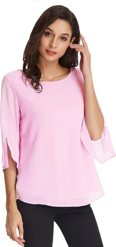 Vista 7 de Blusa casual de gasa para mujer, media manga con vuelo
