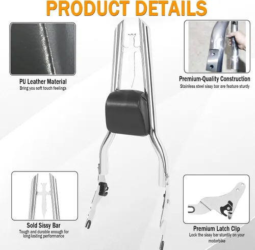 Vista 3 de Respaldo Sissy Bar Cromado Desmontable con Almohadilla Trasera para Pasajero para Modelos Harley Davidson Touring 2009-2024 Street Glide, CVO Road
