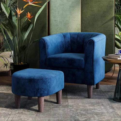 Vista 13 de LINSY Silla decorativa con otomana, moderna silla de barril pequeña, silla de lectura con reposapiés, cómoda silla con brazos redondos para sala