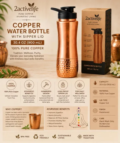 Vista 5 de Botella de agua de cobre con tapa para sorber, 30.4 onzas (30.4 fl oz / 900 ml), botella de cobre sólido 100% puro para agua potable, botella