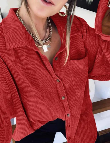Vista 6 de Saslax Camisa de pana para mujer, de manga larga, con botones, cuello en V, holgada, chaqueta