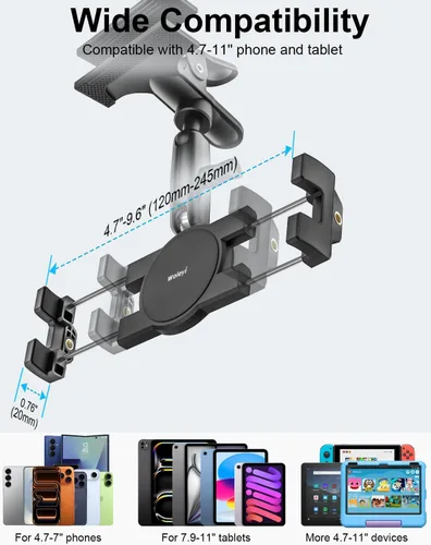 Vista 7 de Soporte para tablet para visera solar de automóvil, brazo mágico de metal, soporte de tableta ajustable de 360° con abrazadera ultra estable