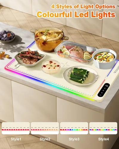 Vista 3 de Tapete de calentamiento de alimentos con luz, bandeja de calentamiento eléctrica con 6 ajustes de temperatura y temporizador de 6 horas, película