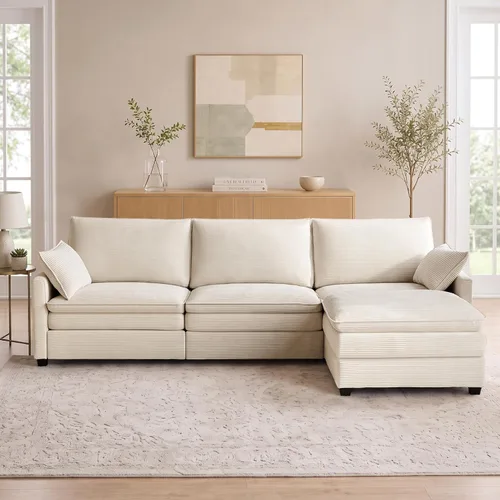 Vista 5 de Sofá modular en forma de L de 111.4 pulgadas con otomana Beige