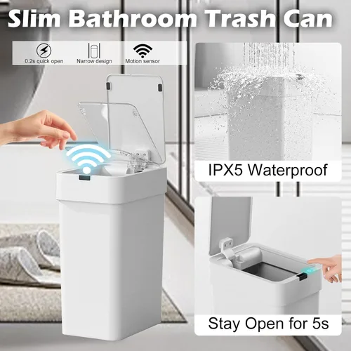 Vista 5 de ELPHECO Basurero de baño con tapa, paquete de 2 botes de basura automáticos, 2.5 galones + 4 galones con sensor de movimiento inteligente