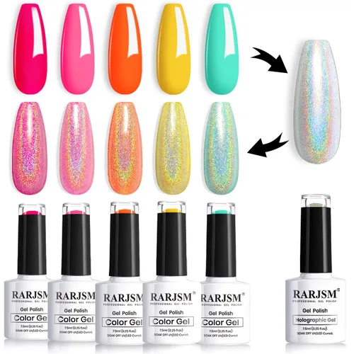 Vista 8 de RARJSM Juego de esmaltes de gel holográfico, color verde turquesa, kit de esmalte de uñas de gel con purpurina, colección de verano, 6