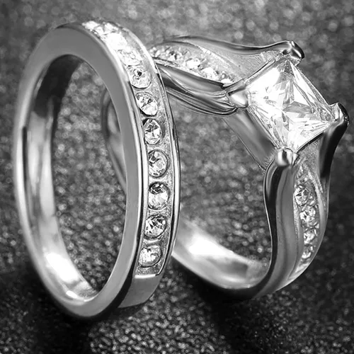 Vista 5 de Anillo de acero inoxidable de corte princesa, anillo de boda, compromiso, aniversario, propuesta, eternidad, halo