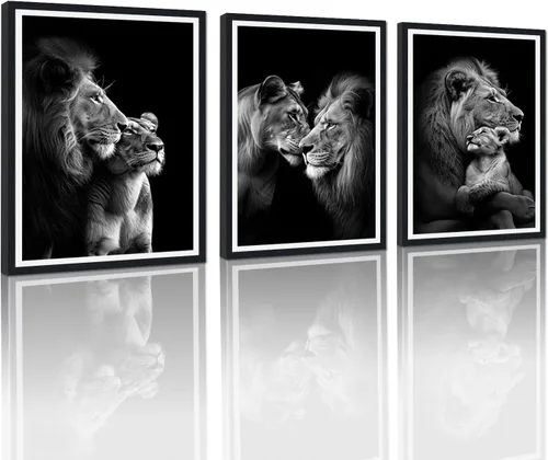 Vista 33 de 3 piezas modernas de lienzo de león de animales salvajes, pinturas de retratos de familia de leones, decoración de pared, obras de arte de sala