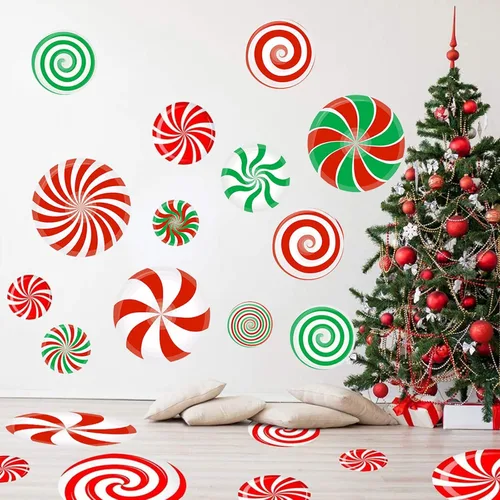 Vista 8 de 77 PCS Calcomanías de Pared de Dulces de Navidad Decoraciones Calcomanías de Pared de Navidad Calcomanías de Piso de Caramelo de Menta para Rojo