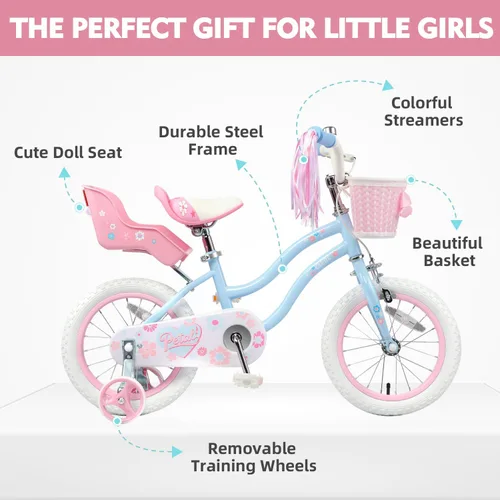 Vista 2 de Glerc Petal Girls Bike 12-18 Inch for Ages 2-9, Kids Bike with Training Wheels, Basket & Streamers, Princess Style Kids Bicycle, for Girls