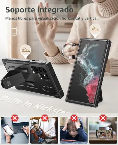 Vista 6 de FNTCASE - Funda para Samsung Galaxy S22 Ultra, protector de pantalla integrado, color negro Rugged Kickstand, 20FT Military-Grade Drop Protection