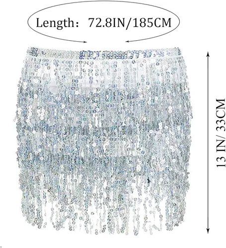 Vista 2 de Kakaco Falda de danza del vientre para mujer, faldas de flecos con lentejuelas, falda brillante de cadera, falda de fiesta de moda