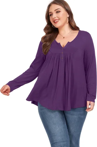 Vista 5 de Camiseta básica para mujer, talla grande, cuello Henley, con botones, ajuste holgado, estilo casual