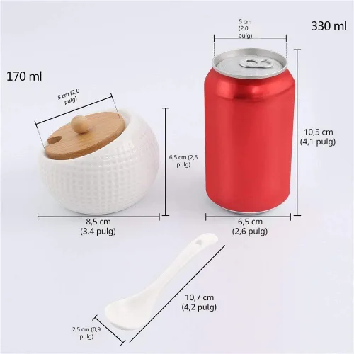 Vista 4 de Recipiente de especias de porcelana para condimentos con tapas, soporte de tapa de bambú, cuchara de servir de cerámica, bandeja de madera, la mejor