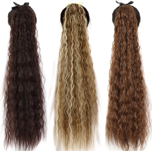 Vista 5 de HIHELO 1 paquete de extensiones de cola de caballo largas onduladas sintéticas naturales con cordón de extensión de cola de caballo para mujer 005