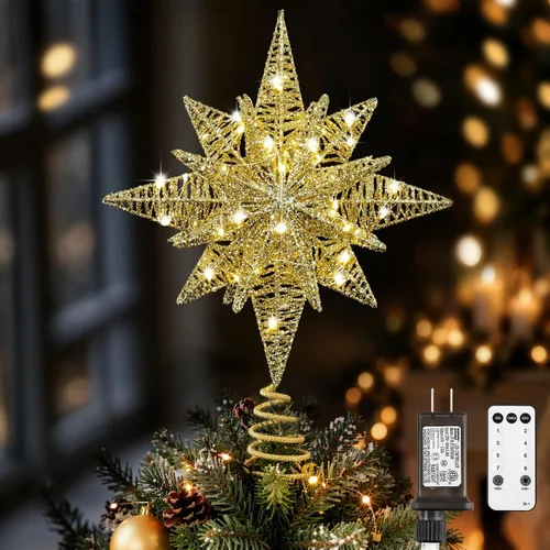 Vista 21 de Lewondr Decoración para árbol de Navidad, enchufe 3D Starburst iluminado A-champán Oro