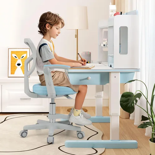 Vista 2 de Giantex Silla de escritorio para niños, silla rodante ergonómica ajustable con reposapiés y apoyabrazos abatibles, silla de oficina para niños