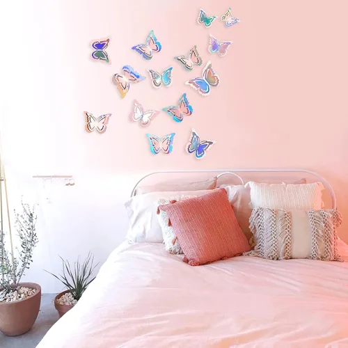Vista 5 de pinkblume Calcomanías de decoración de mariposa rosa iridiscente, color rubor 3D, arte de pared, calcomanías de pared extraíbles para decoración